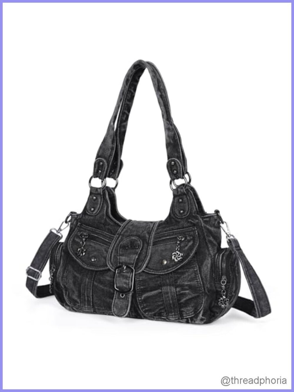 Hobo Shoulder Handbag Washed Denim Vegan Leather Crossbody Purse Roomy Tote
